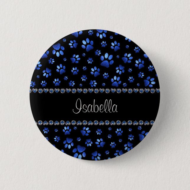 Custom name, blue glitter dog paws 2 inch round button (Front)