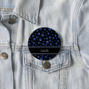 Custom name, blue glitter dog paws 3 inch round button