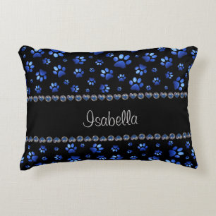 Custom name, blue glitter dog paws accent pillow