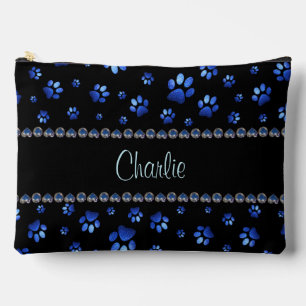 Custom name, blue glitter dog paws accessory pouch