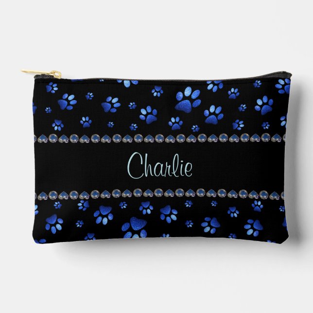 Custom name, blue glitter dog paws accessory pouch (Front)