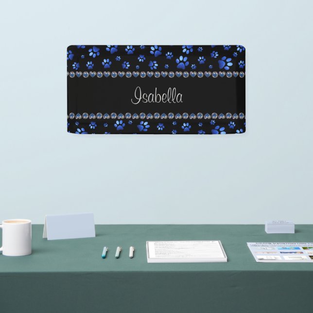Custom name, blue glitter dog paws banner (Tradeshow)