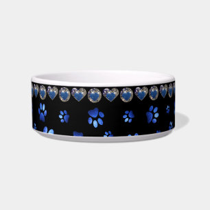 Custom name, blue glitter dog paws bowl