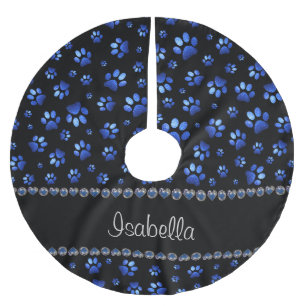 Custom name, blue glitter dog paws brushed polyester tree skirt