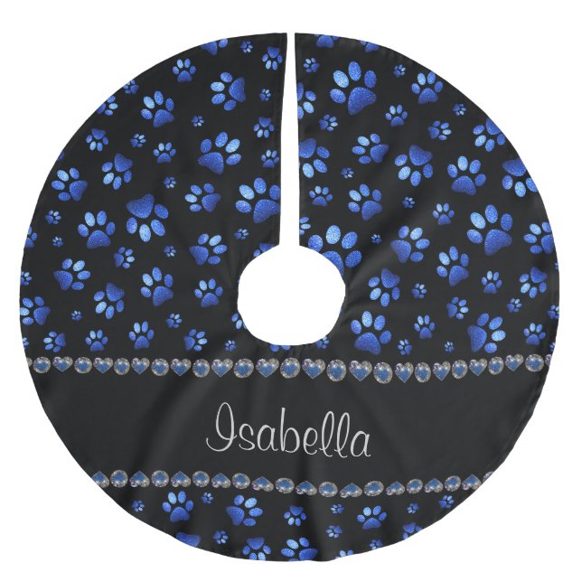Custom name, blue glitter dog paws brushed polyester tree skirt (Front)