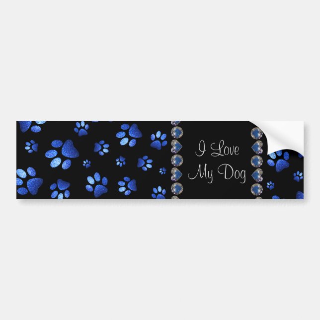 Custom name, blue glitter dog paws bumper sticker (Front)