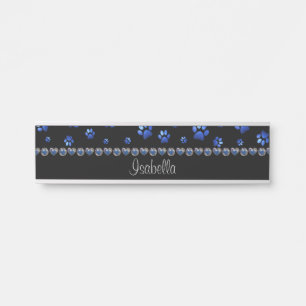 Custom name, blue glitter dog paws door sign