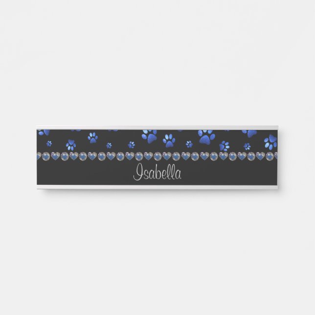 Custom name, blue glitter dog paws  door sign (Front)