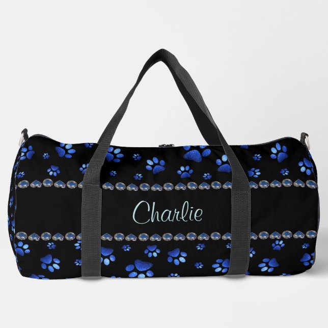 Custom name, blue glitter dog paws duffle bag (Front)