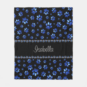 Custom name, blue glitter dog paws fleece blanket