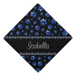 Custom name, blue glitter dog paws graduation cap topper