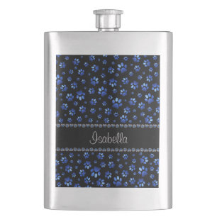Custom name, blue glitter dog paws hip flask