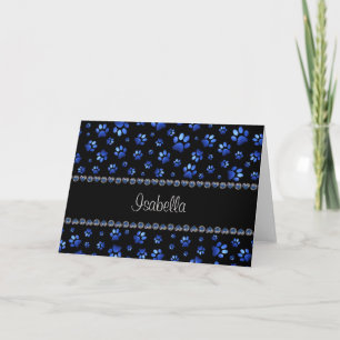Custom name, blue glitter dog paws invitation