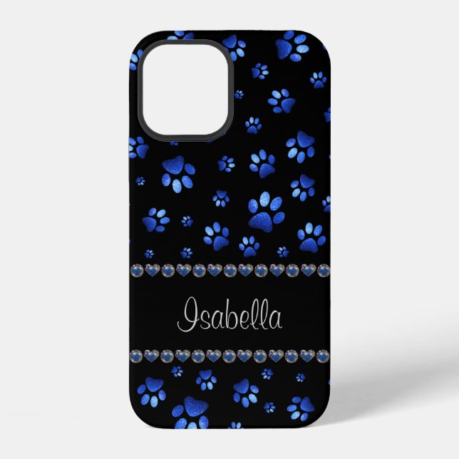 Custom name, blue glitter dog paws  iPhone case (Back)