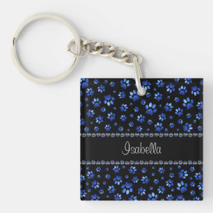 Custom name, blue glitter dog paws keychain