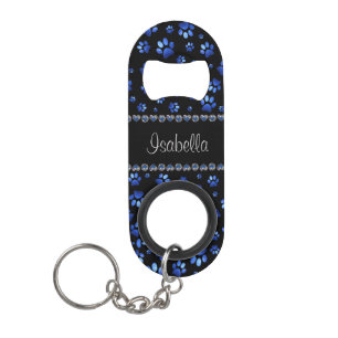 Custom name, blue glitter dog paws keychain bottle opener