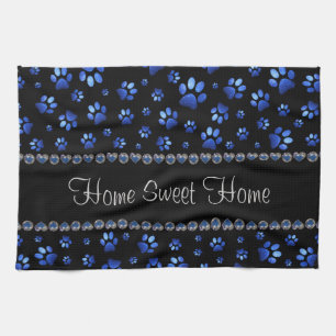 Custom name, blue glitter dog paws kitchen towel