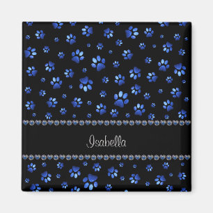 Custom name, blue glitter dog paws magnet