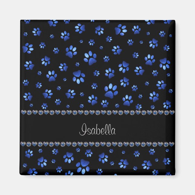 Custom name, blue glitter dog paws  magnet (Front)