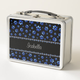 Custom name, blue glitter dog paws metal lunch box