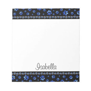 Custom name, blue glitter dog paws notepad