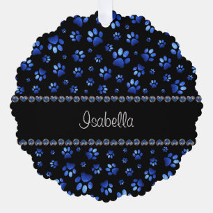 Custom name, blue glitter dog paws ornament card