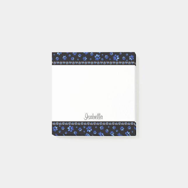 Custom name, blue glitter dog paws post-it notes (Front)