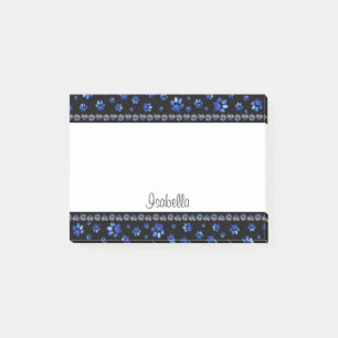 Custom name, blue glitter dog paws post-it notes