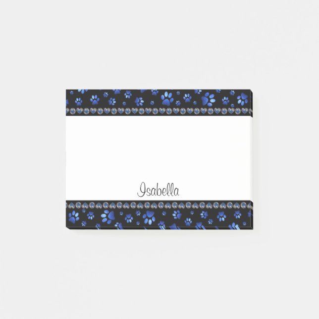 Custom name, blue glitter dog paws post-it notes (Front)
