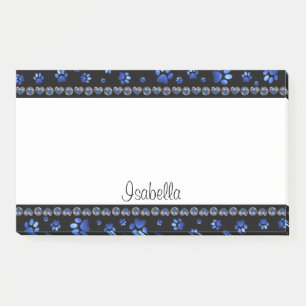 Custom name, blue glitter dog paws post-it notes