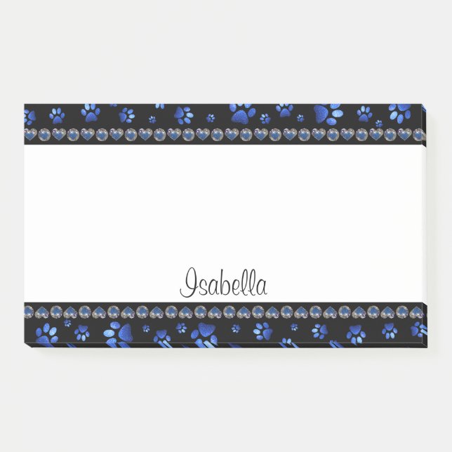 Custom name, blue glitter dog paws post-it notes (Front)