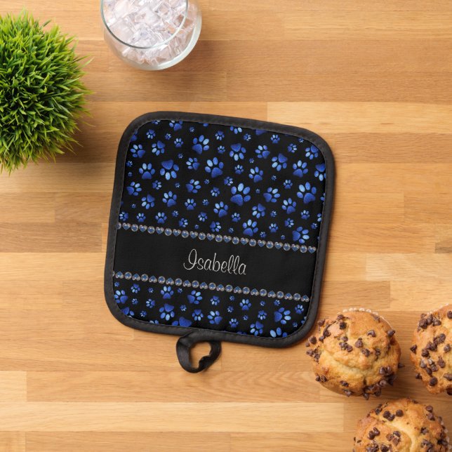 Custom name, blue glitter dog paws pot holder (Top Down)