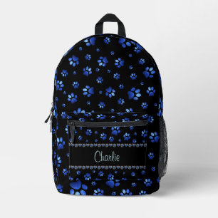 Custom name, blue glitter dog paws printed backpack