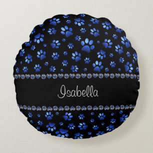 Custom name, blue glitter dog paws round pillow