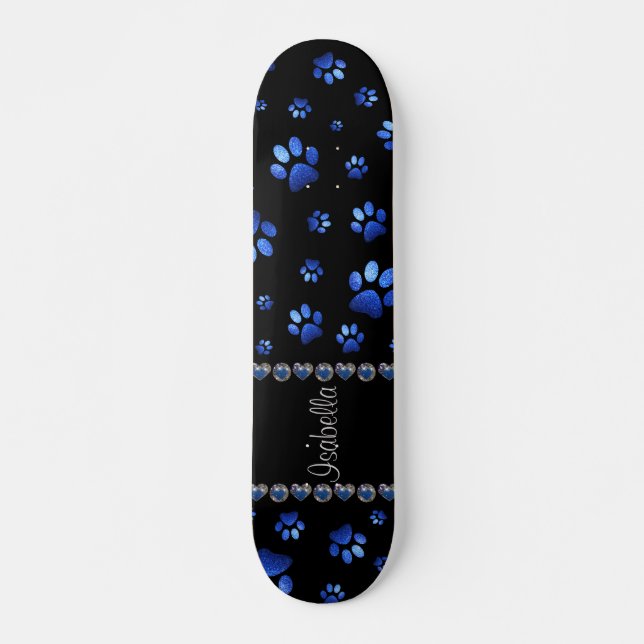 Custom name, blue glitter dog paws skateboard (Front)