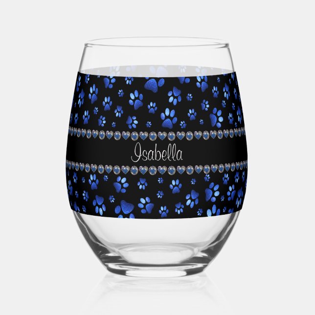 Custom name, blue glitter dog paws stemless wine glass (Front)