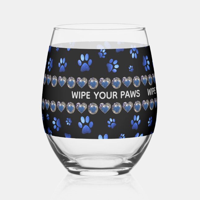 Custom name, blue glitter dog paws stemless wine glass (Front)