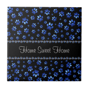 Custom name, blue glitter dog paws tile