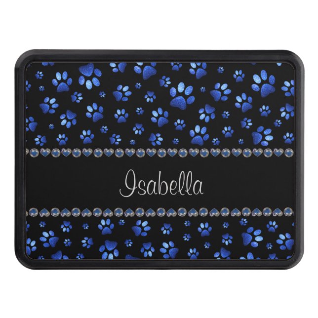 Custom name, blue glitter dog paws trailer hitch cover (Front)