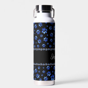 Custom name, blue glitter dog paws water bottle