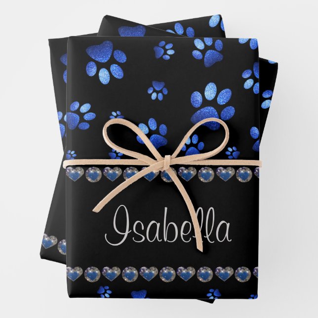 Custom name, blue glitter dog paws  wrapping paper sheet (In situ)