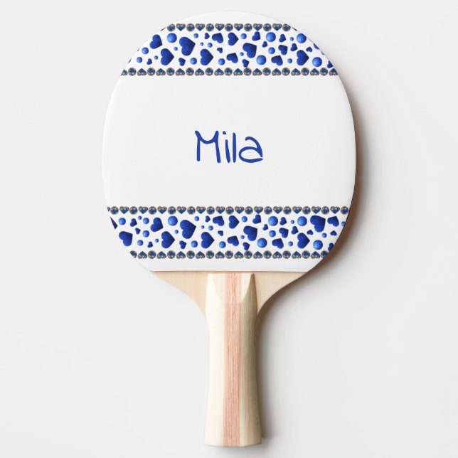 Custom name, Blue glitter heart  Ping Pong Paddle (Front)