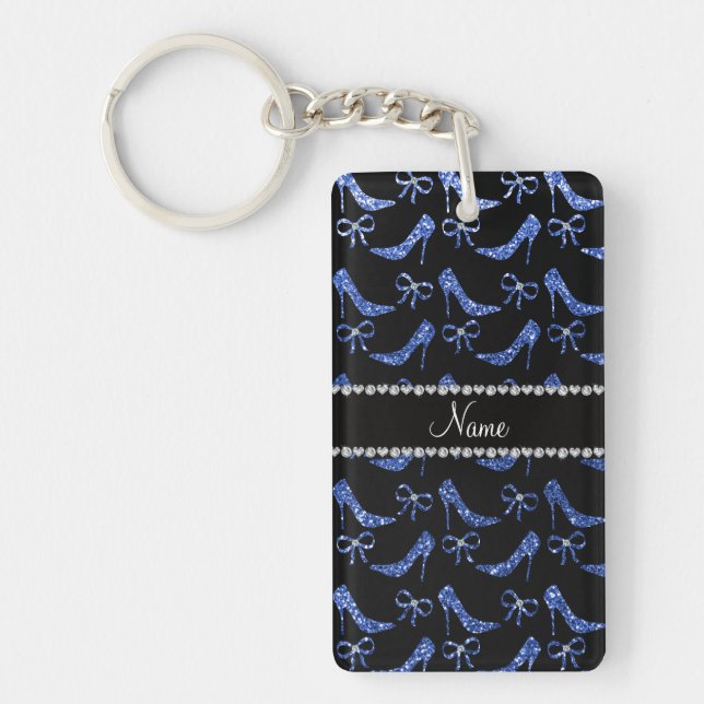 Custom name blue glitter high heels bow keychain (Front)