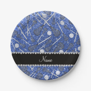 Custom name blue glitter lacrosse sticks paper plate