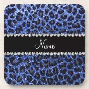 Custom name blue glitter leopard print coaster