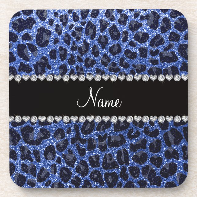 Custom name blue glitter leopard print coaster (Front)