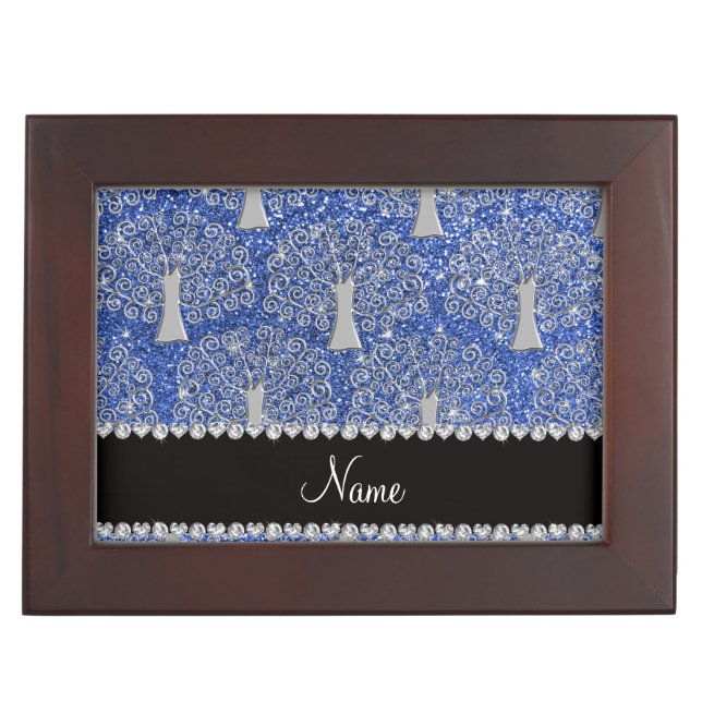 Custom name blue glitter silver tree of life keepsake box (Front)