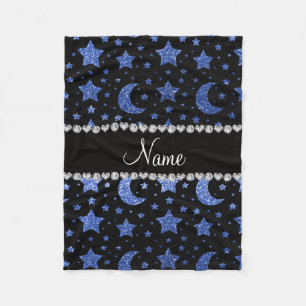 Custom name blue glitter stars and moons fleece blanket