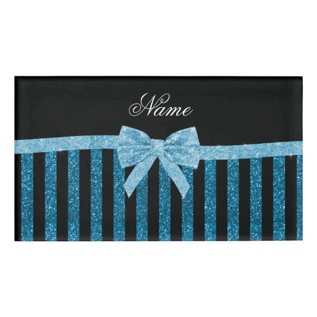 Custom name blue glitter stripes glitter bow tag (Front)