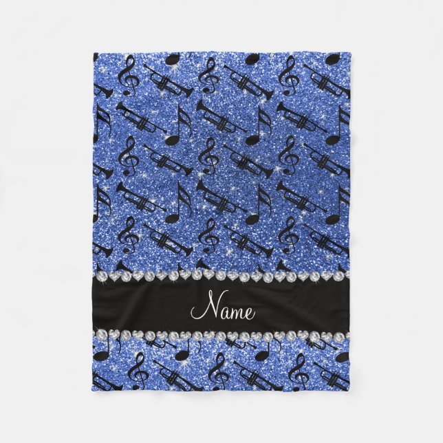 Custom name blue glitter trumpets music notes fleece blanket (Front)